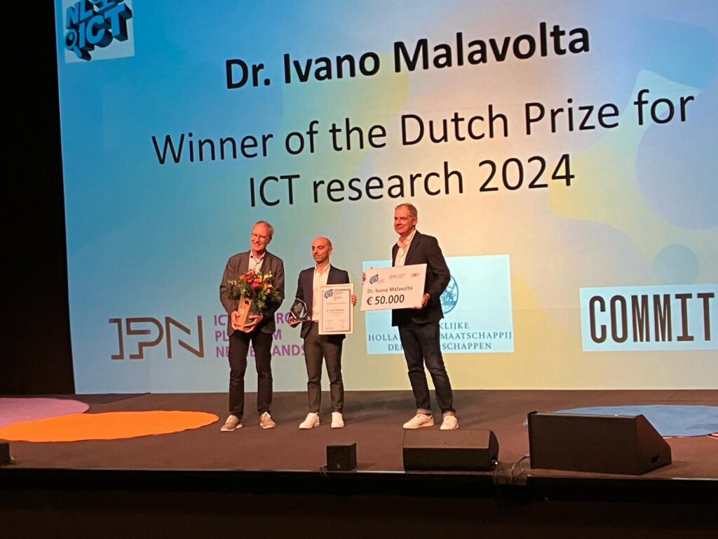 ICT Prize presentation 2024 Professor Ad IJzerman, Dr Ivano Malavolta and Professor Han La Poutré (from left to right) photo: Thijs ter Hart